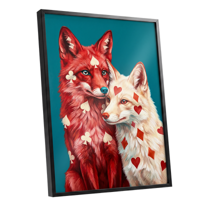 Wild Hearts & Suits, red, white, blue nature wall art shown as a black framed poster wall art print