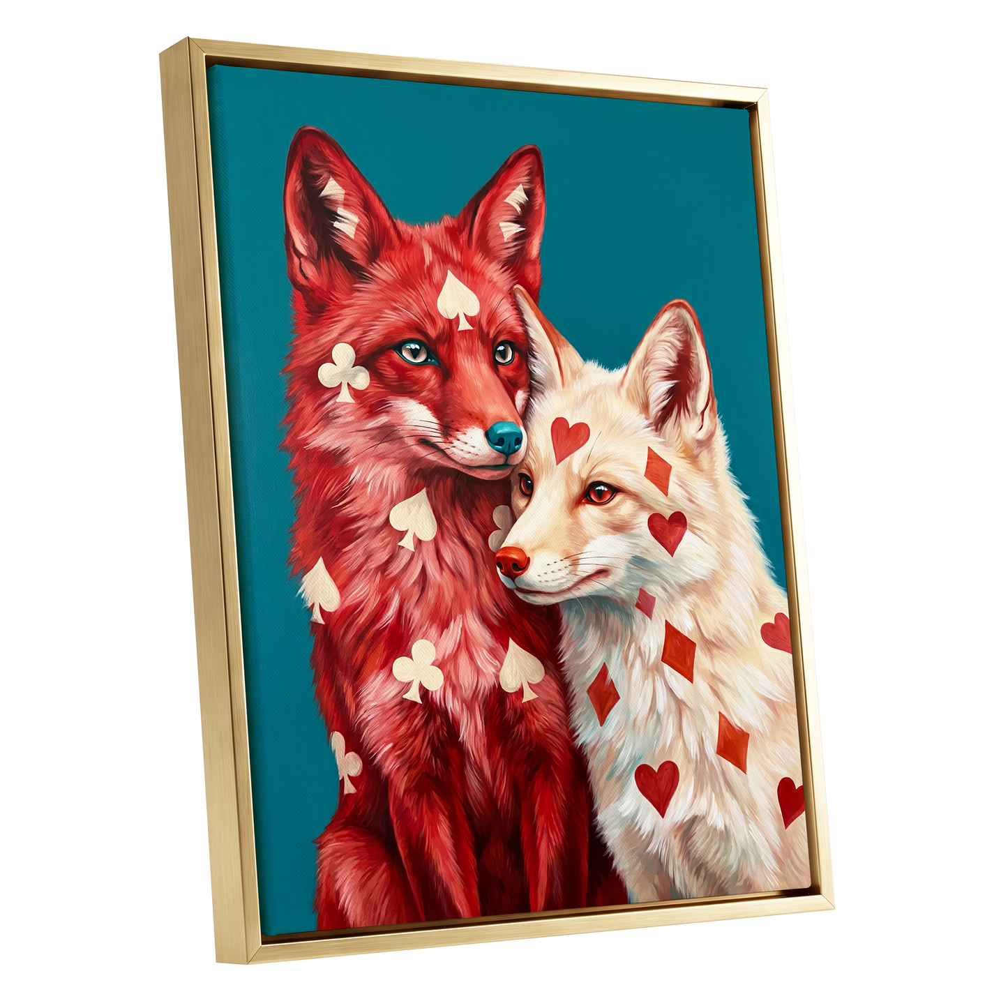 Wild Hearts & Suits, red, white, blue nature wall art shown as a gold framed canvas wall art