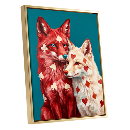 Wild Hearts & Suits, red, white, blue nature wall art shown as a gold framed canvas wall art