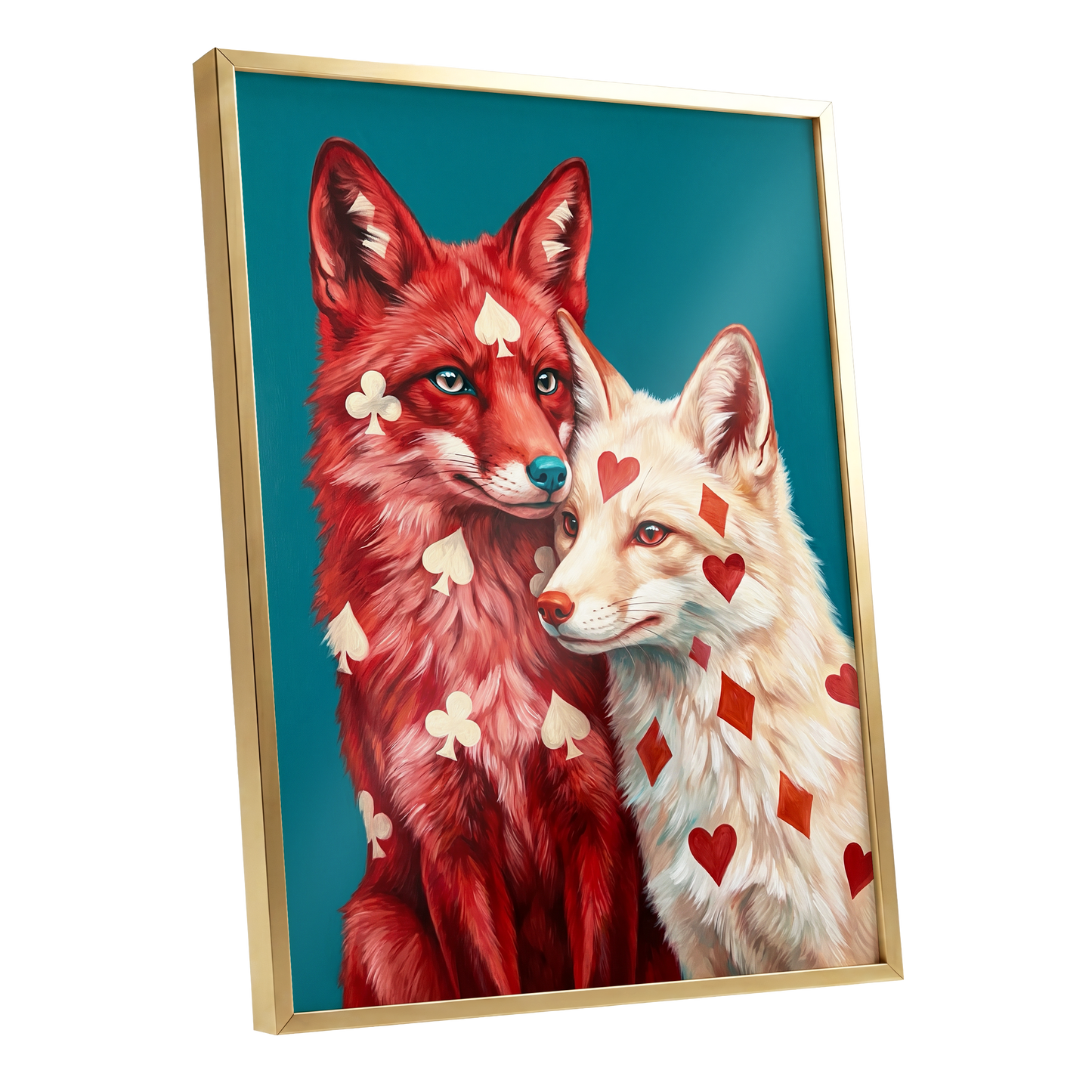 Wild Hearts & Suits, red, white, blue nature wall art shown as a gold framed poster wall art print