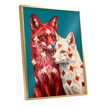 Wild Hearts & Suits, red, white, blue nature wall art shown as a gold framed poster wall art print