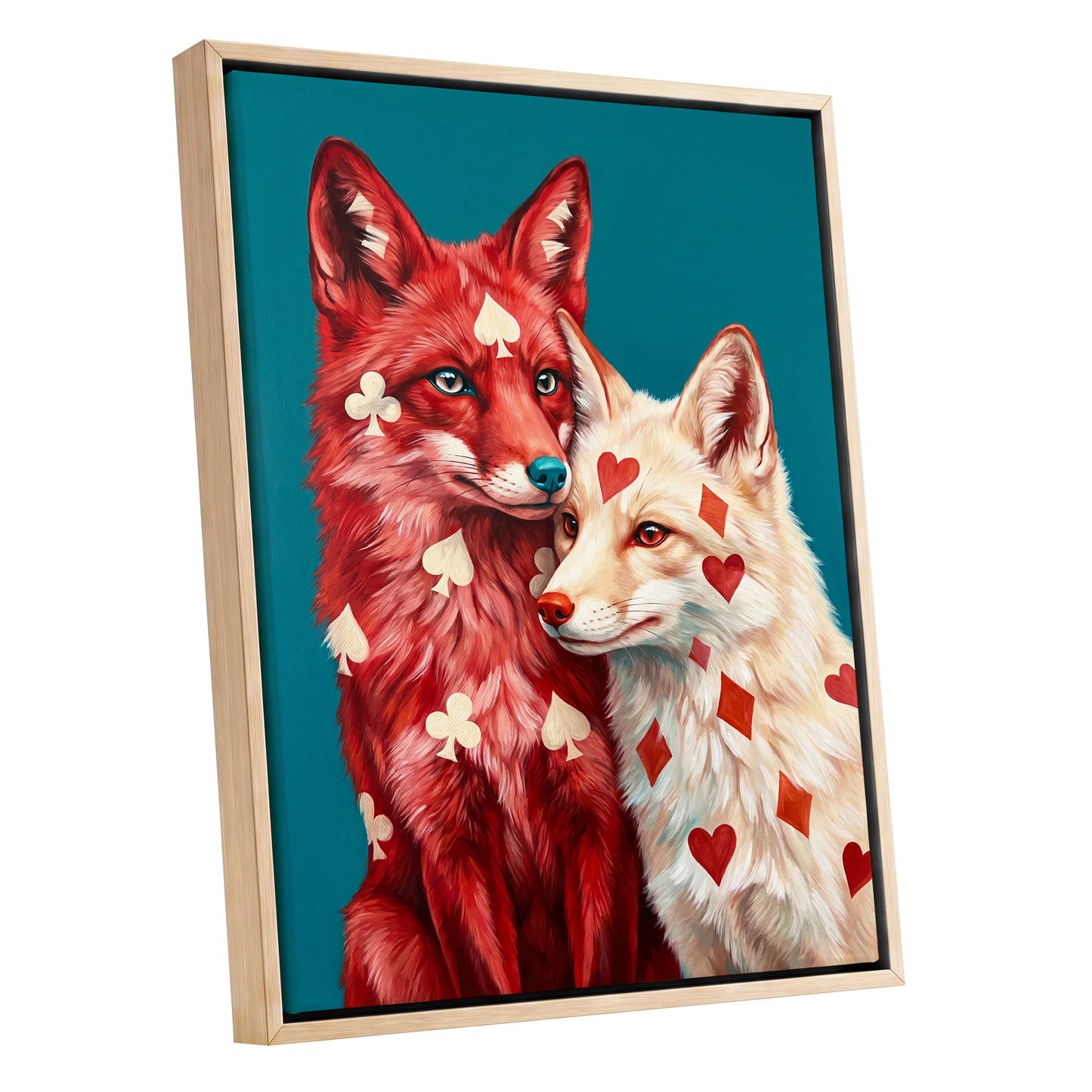 Wild Hearts & Suits, red, white, blue nature wall art shown as a oak framed canvas wall art