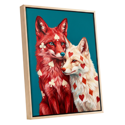 Wild Hearts & Suits, red, white, blue nature wall art shown as a oak framed canvas wall art