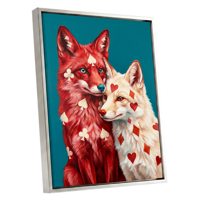 Wild Hearts & Suits, red, white, blue nature wall art shown as a silver framed canvas wall art