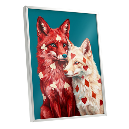 Wild Hearts & Suits, red, white, blue nature wall art shown as a silver framed poster wall art print