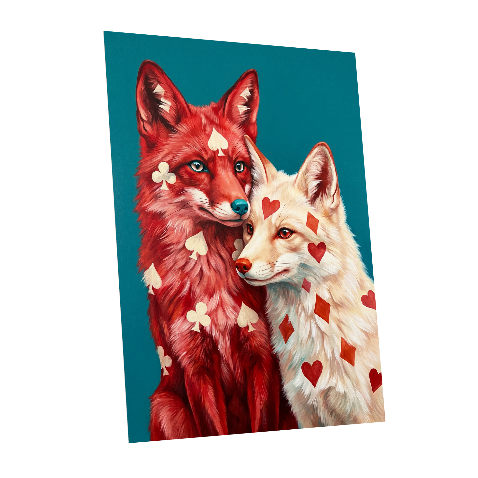 Wild Hearts & Suits, red, white, blue nature wall art shown as a unframed poster wall art print