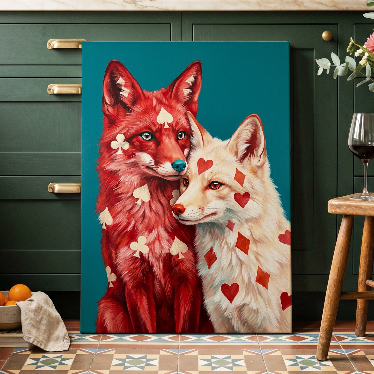 Wild Hearts & Suits, red, white, blue nature wall art displayed in a styled interior, gallery view 3