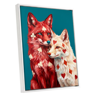 Wild Hearts & Suits, red, white, blue nature wall art shown as a white framed canvas wall art