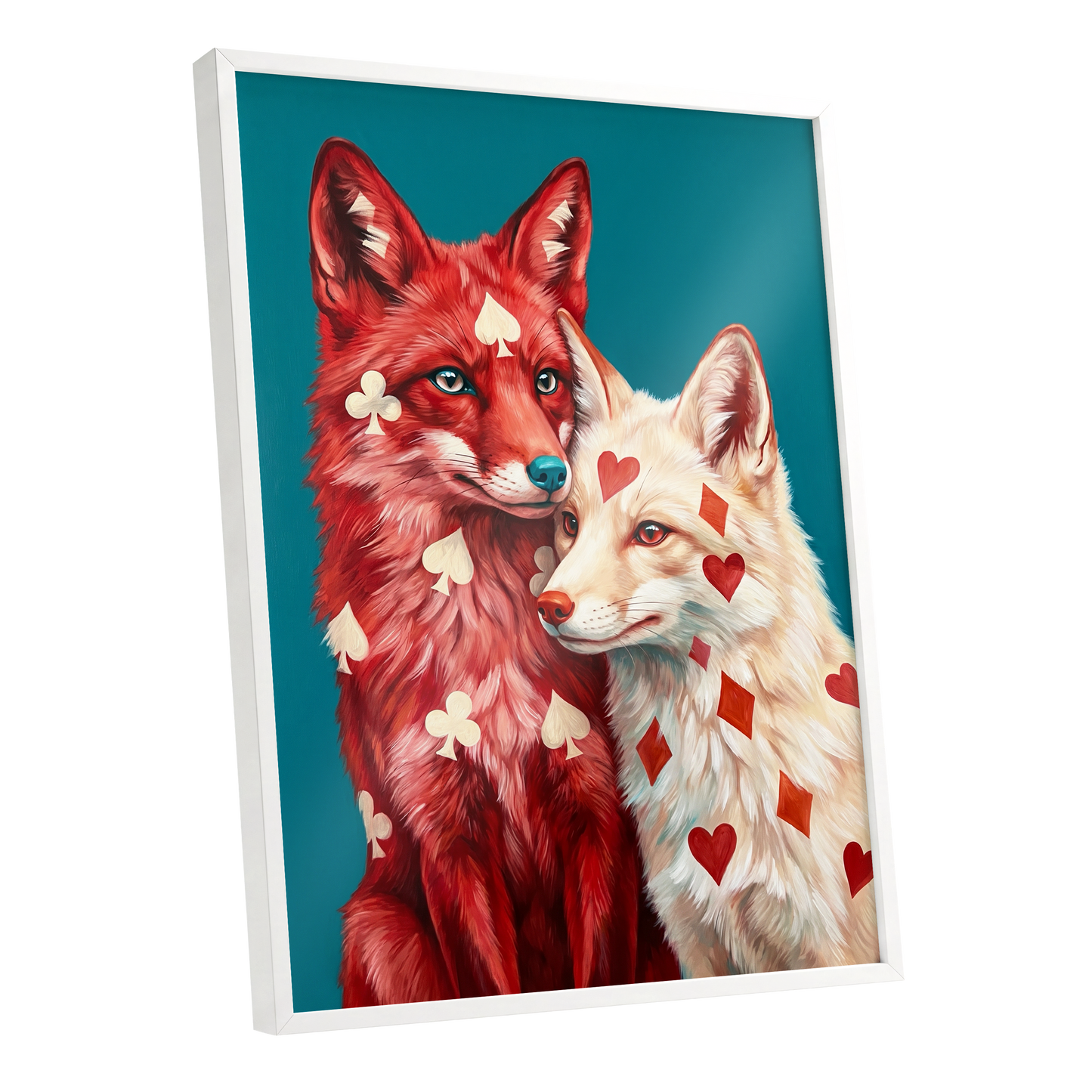 Wild Hearts & Suits, red, white, blue nature wall art shown as a white framed poster wall art print