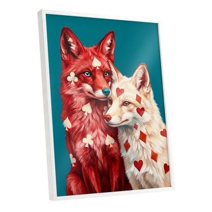 Wild Hearts & Suits, red, white, blue nature wall art shown as a white framed poster wall art print