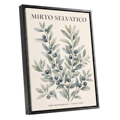 Wild Myrtle Study, beige, green, blue nature wall art shown as a black framed canvas wall art