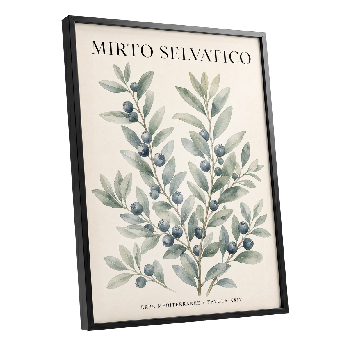 Wild Myrtle Study, beige, green, blue nature wall art shown as a black framed poster wall art print