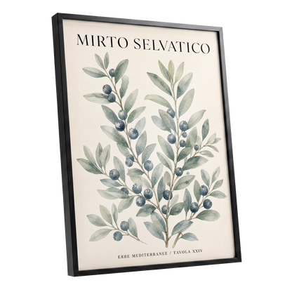 Wild Myrtle Study, beige, green, blue nature wall art shown as a black framed poster wall art print