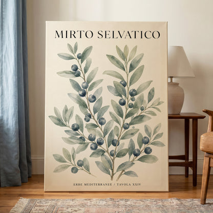 Wild Myrtle Study, beige, green, blue nature wall art on canvas displayed in a styled interior, gallery view 1