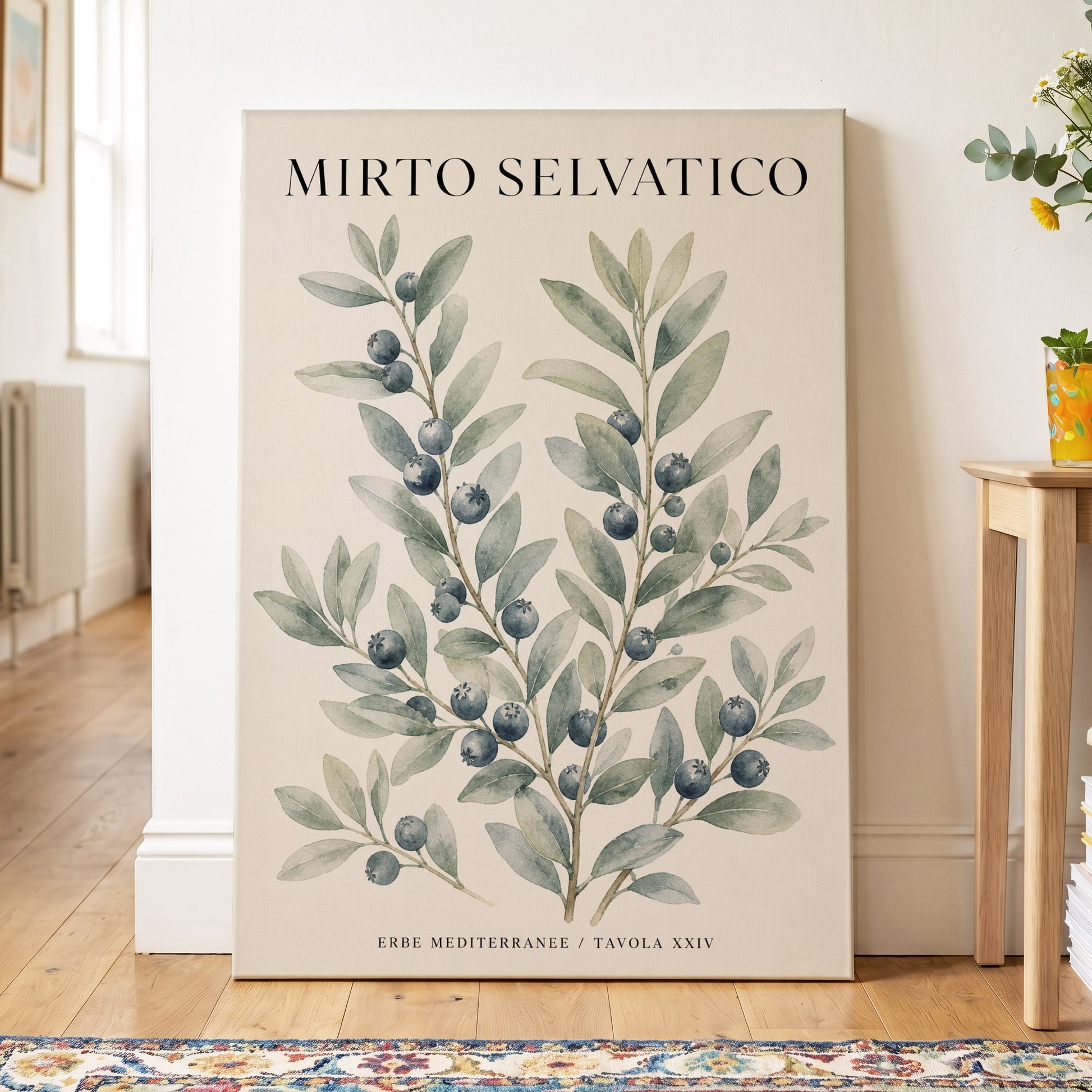 Wild Myrtle Study, beige, green, blue nature wall art on canvas displayed in a styled interior, gallery view 2