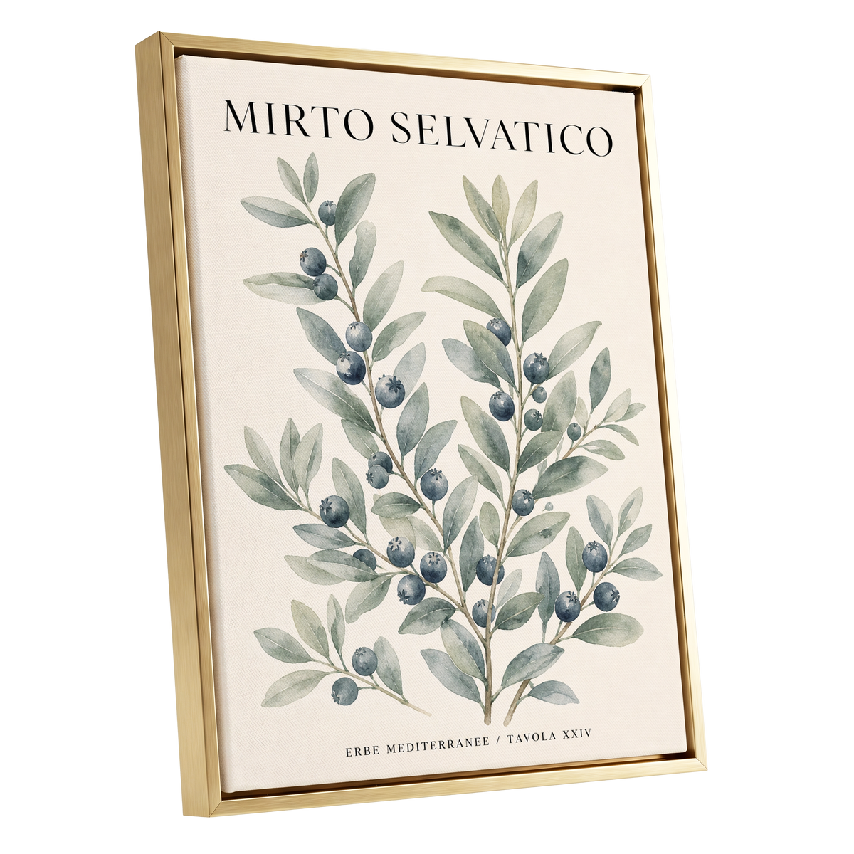 Wild Myrtle Study, beige, green, blue nature wall art shown as a gold framed canvas wall art
