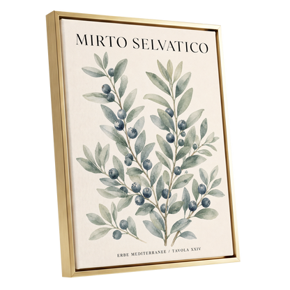 Wild Myrtle Study, beige, green, blue nature wall art shown as a gold framed canvas wall art