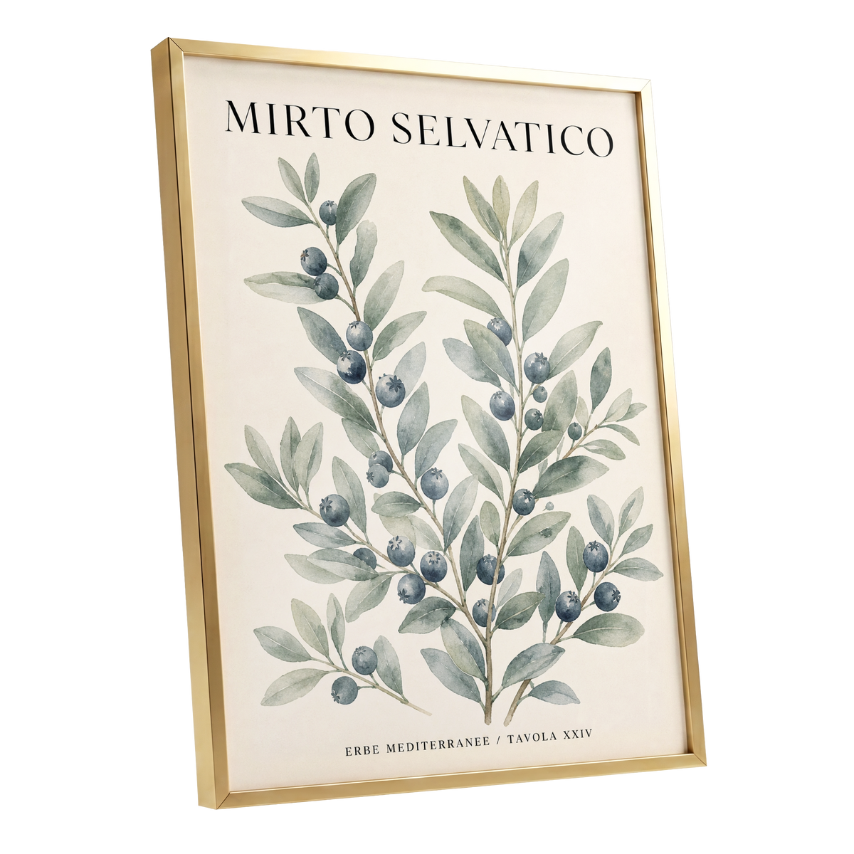 Wild Myrtle Study, beige, green, blue nature wall art shown as a gold framed poster wall art print