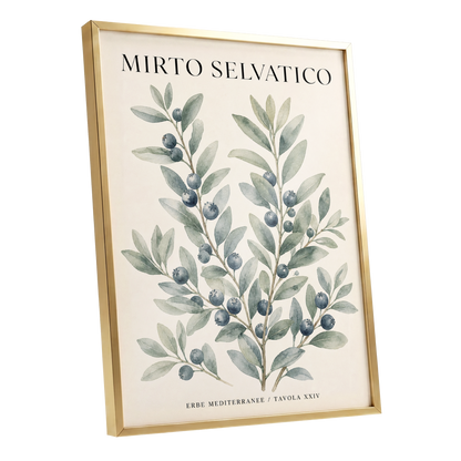 Wild Myrtle Study, beige, green, blue nature wall art shown as a gold framed poster wall art print