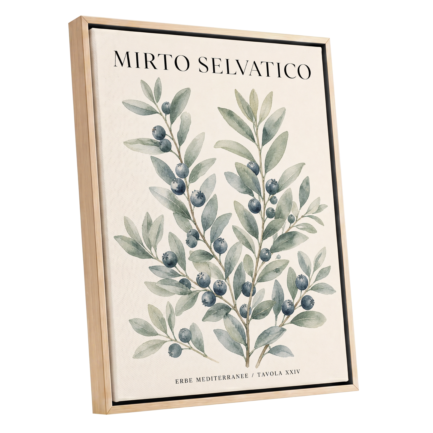 Wild Myrtle Study, beige, green, blue nature wall art shown as a oak framed canvas wall art