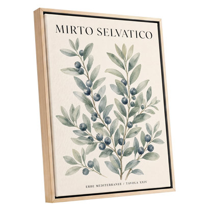 Wild Myrtle Study, beige, green, blue nature wall art shown as a oak framed canvas wall art