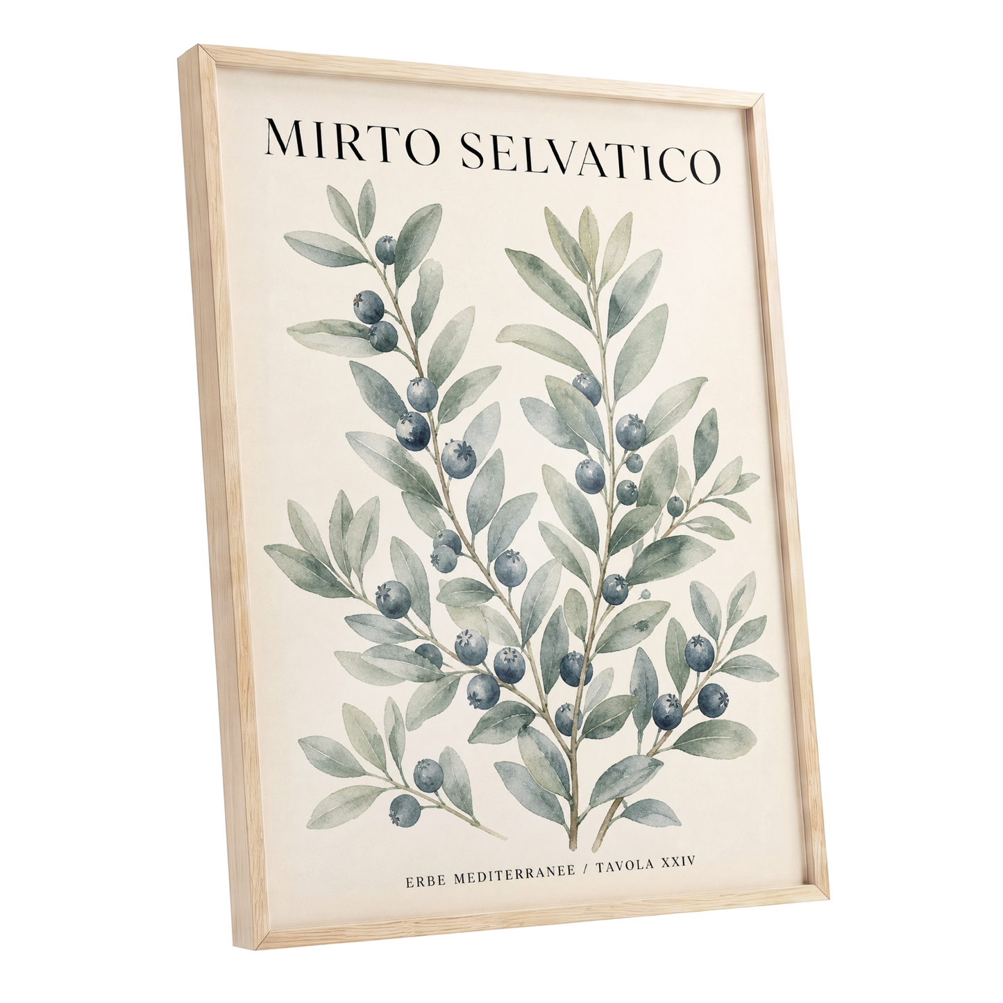 Wild Myrtle Study, beige, green, blue nature wall art shown as a oak framed poster wall art print