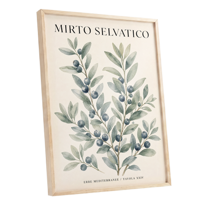 Wild Myrtle Study, beige, green, blue nature wall art shown as a oak framed poster wall art print