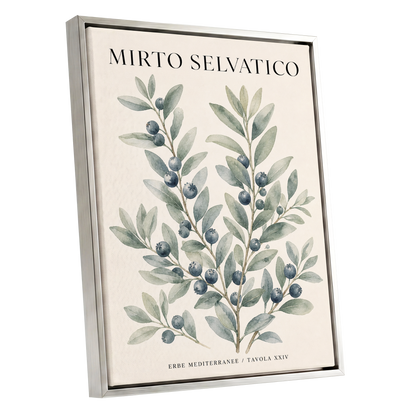 Wild Myrtle Study, beige, green, blue nature wall art shown as a silver framed canvas wall art