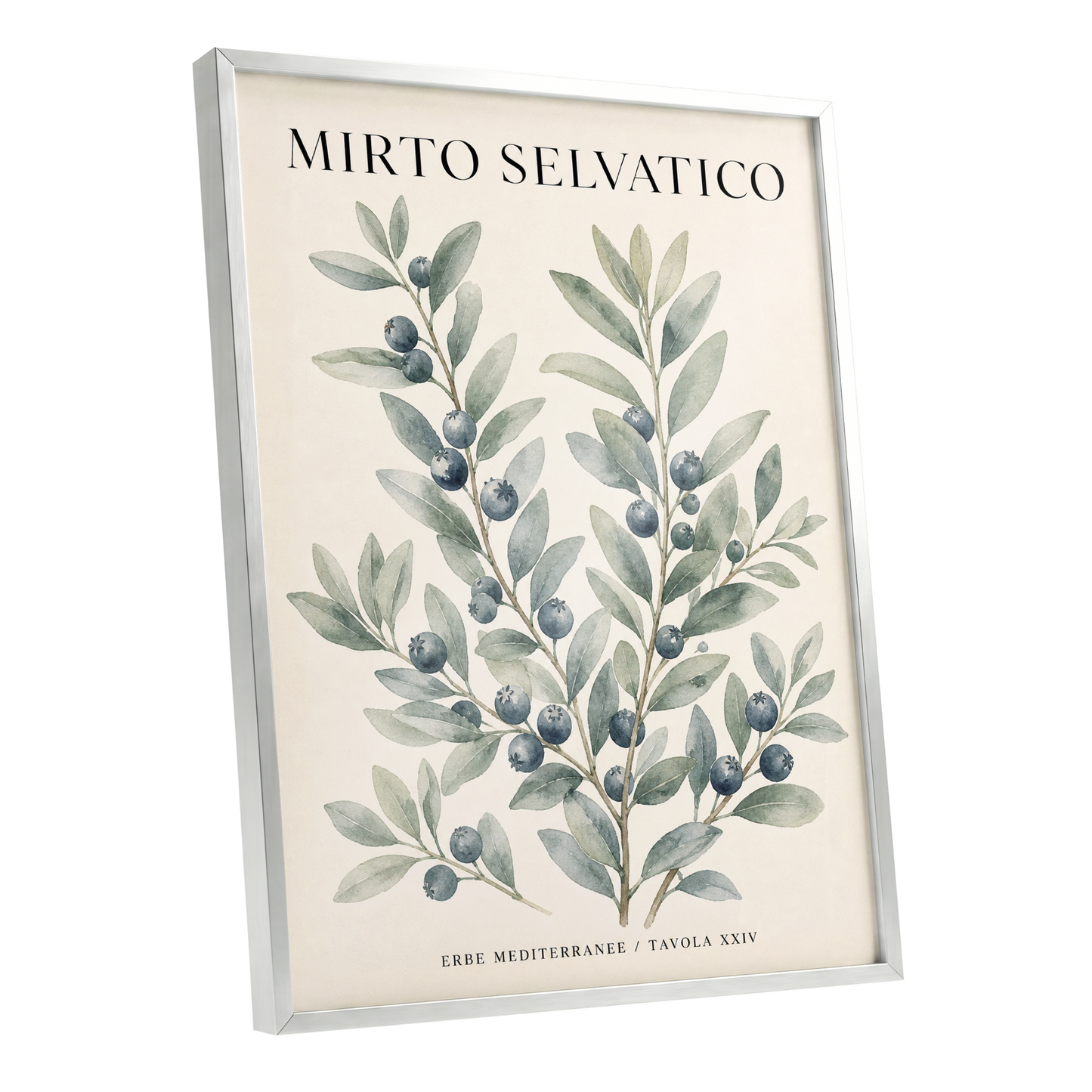 Wild Myrtle Study, beige, green, blue nature wall art shown as a silver framed poster wall art print