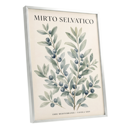 Wild Myrtle Study, beige, green, blue nature wall art shown as a silver framed poster wall art print
