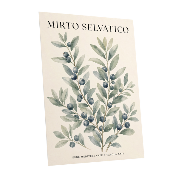 Wild Myrtle Study, beige, green, blue nature wall art shown as a unframed poster wall art print