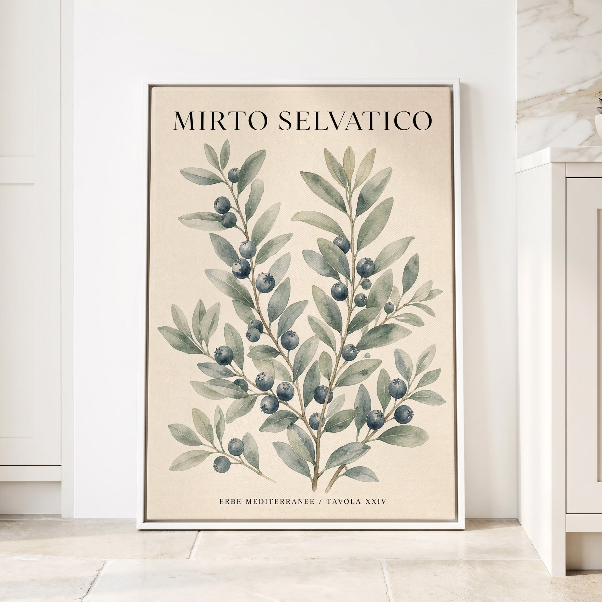 Wild Myrtle Study, beige, green, blue nature wall art displayed in a styled interior, gallery view 1