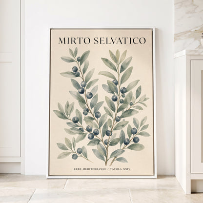 Wild Myrtle Study, beige, green, blue nature wall art displayed in a styled interior, gallery view 1