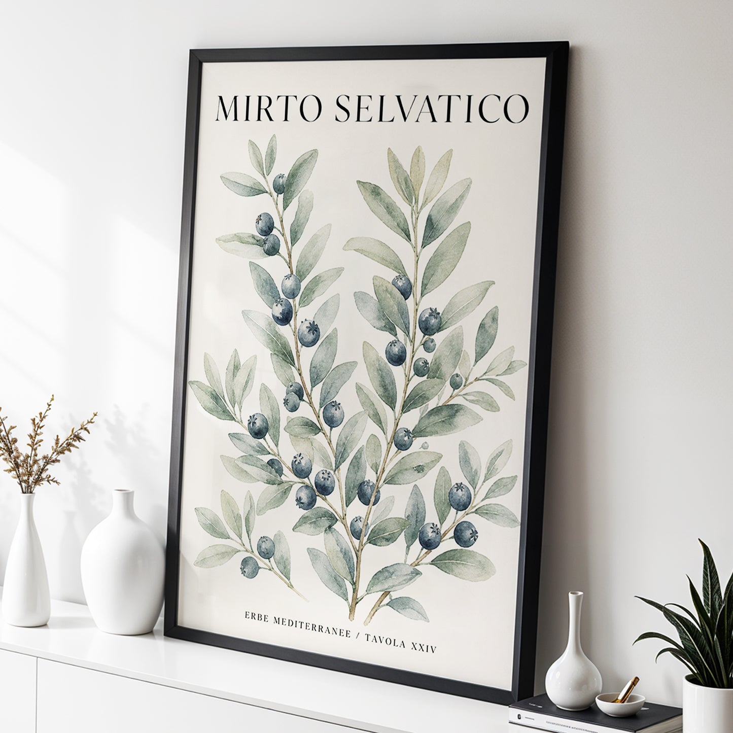 Wild Myrtle Study, beige, green, blue nature wall art displayed in a styled interior, gallery view 3