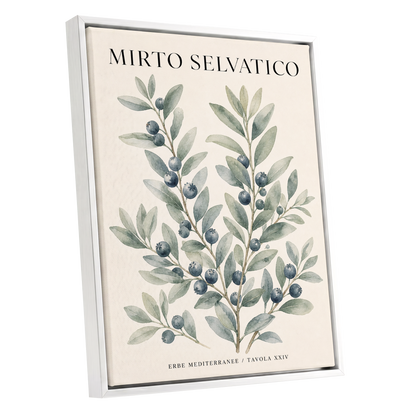 Wild Myrtle Study, beige, green, blue nature wall art shown as a white framed canvas wall art