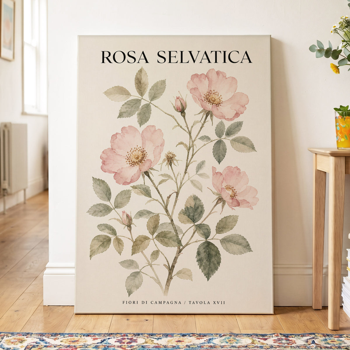 Wild Rose Study, pink, green, beige floral wall art on canvas displayed in a styled interior, gallery view 2