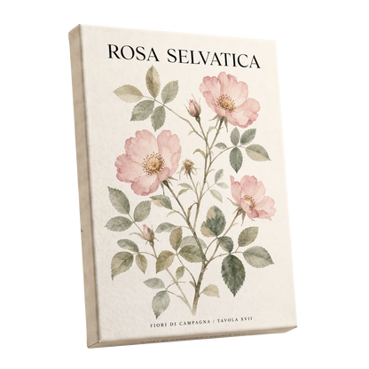 Wild Rose Study, pink, green, beige floral wall art shown as a stretched canvas wall art