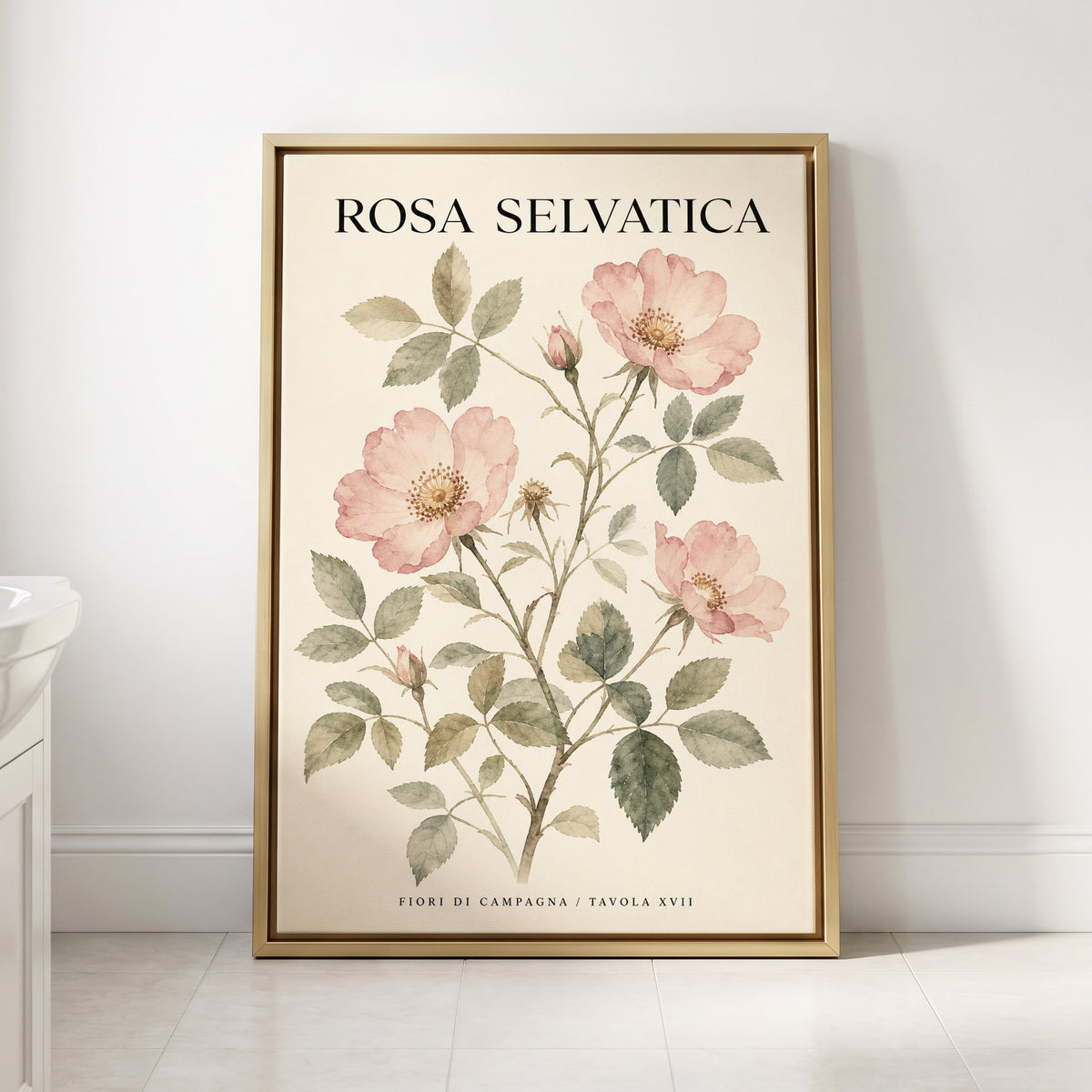 Wild Rose Study, pink, green, beige floral wall art displayed in a styled interior, gallery view 2
