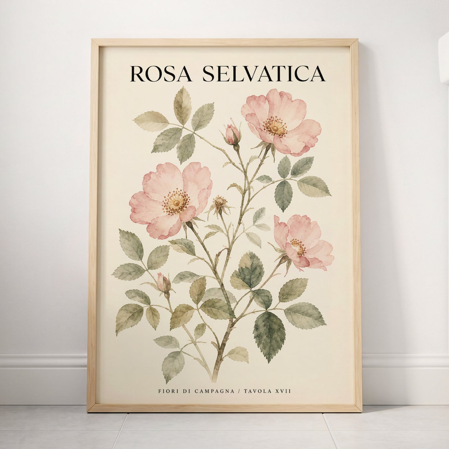 Wild Rose Study, pink, green, beige floral wall art displayed in a styled interior, gallery view 3