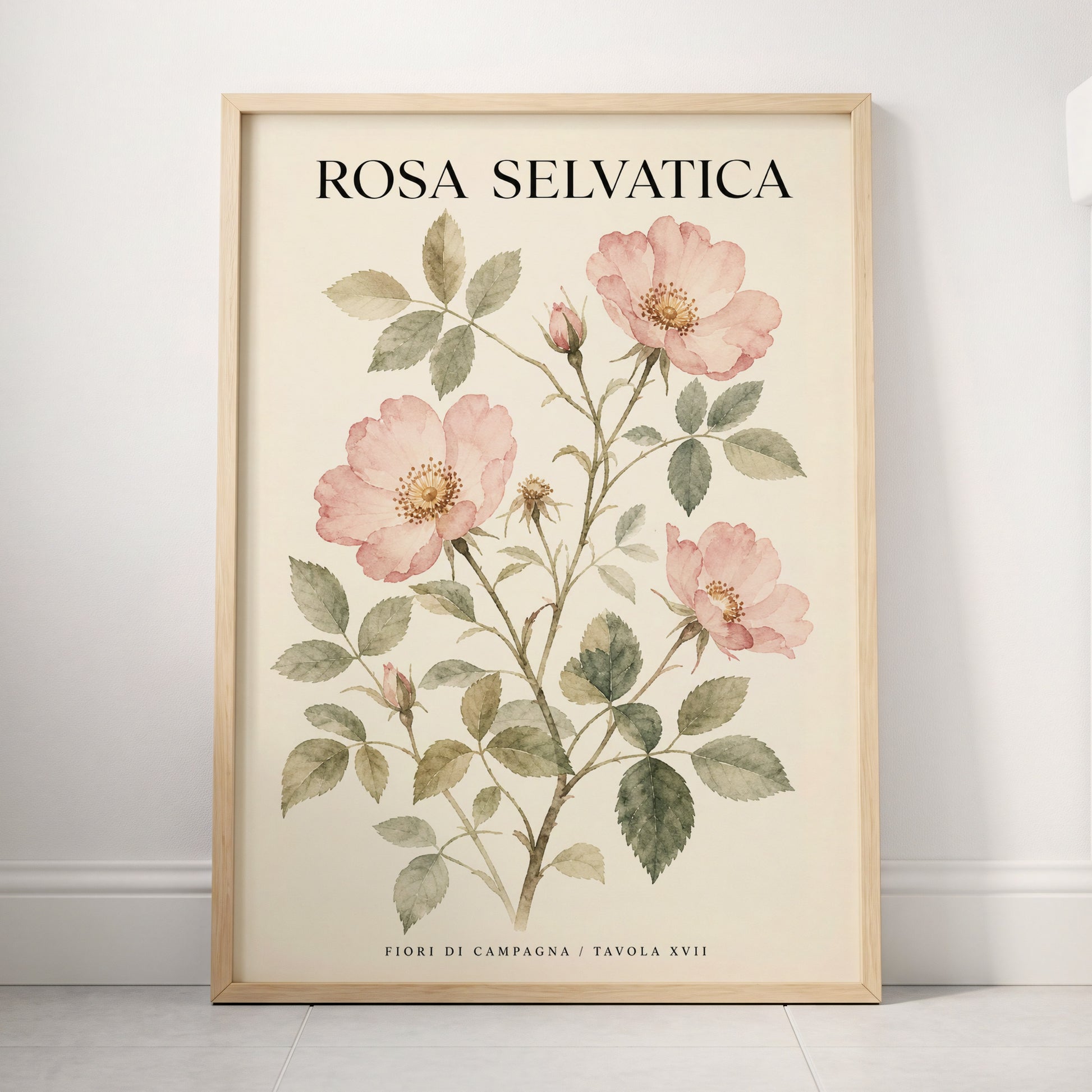 Wild Rose Study, pink, green, beige floral wall art displayed in a styled interior, gallery view 3