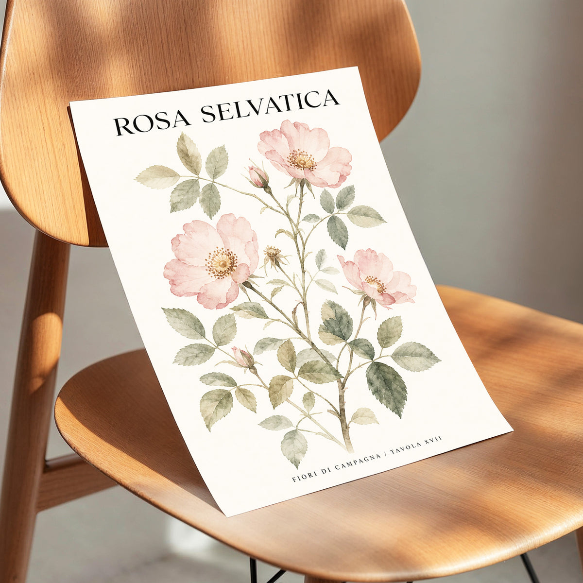 Wild Rose Study, pink, green, beige floral wall art displayed in a styled interior, gallery view 4