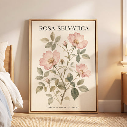 Wild Rose Study, pink, green, beige floral wall art displayed in a styled interior, gallery view 6