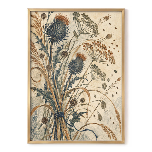Wild Thistle Gathering, beige, blue, brown nature wall art, front artwork view