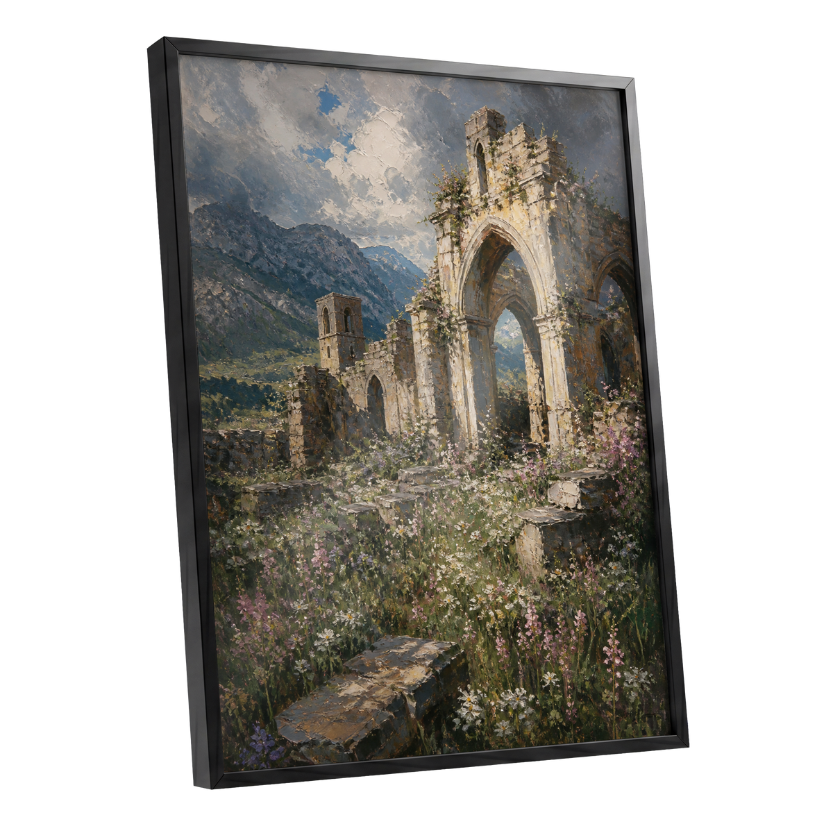 Wildflower Abbey, green, beige, gray nature wall art shown as a black framed poster wall art print
