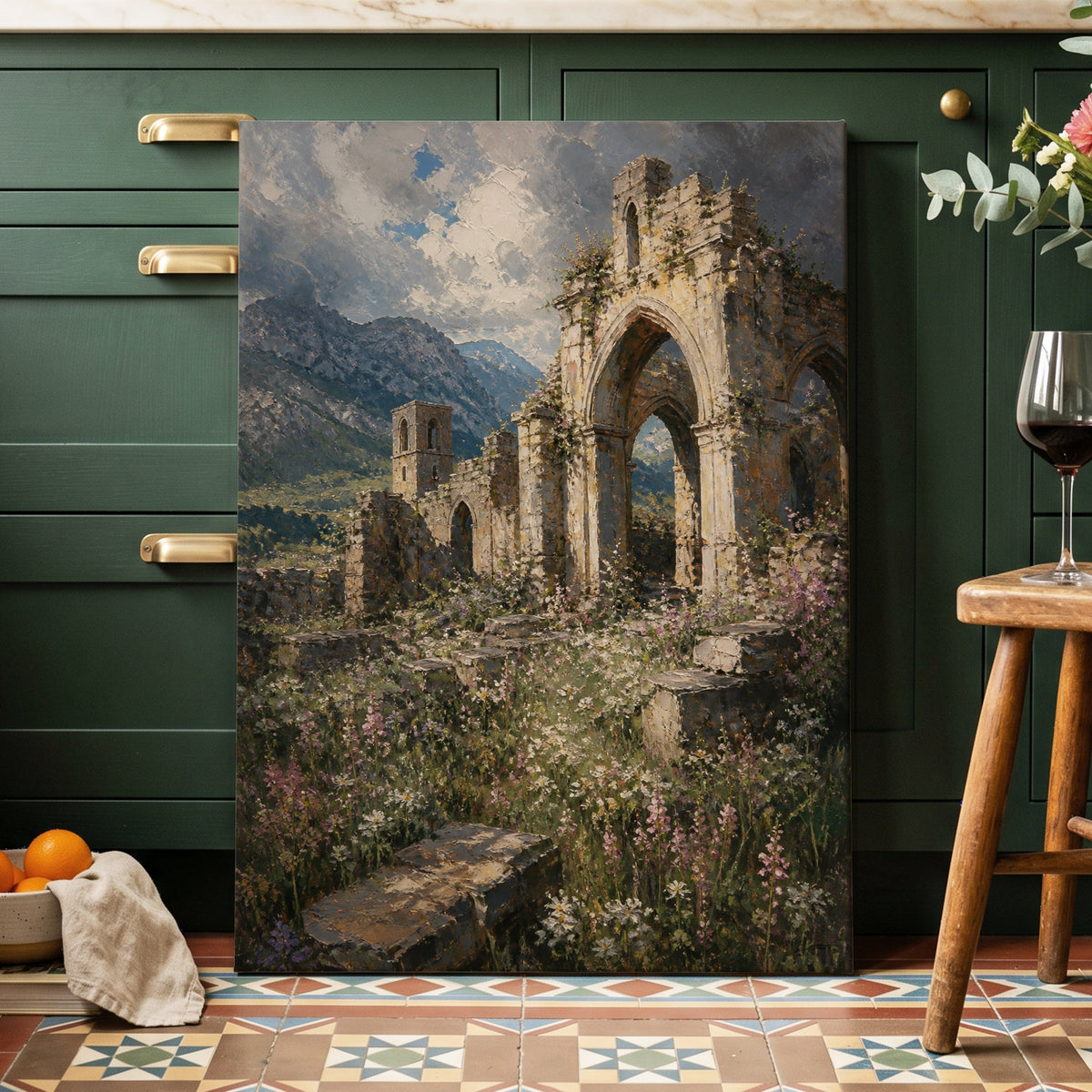 Wildflower Abbey, green, beige, gray nature wall art on canvas displayed in a styled interior, gallery view 1