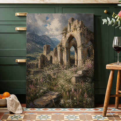 Wildflower Abbey, green, beige, gray nature wall art on canvas displayed in a styled interior, gallery view 1