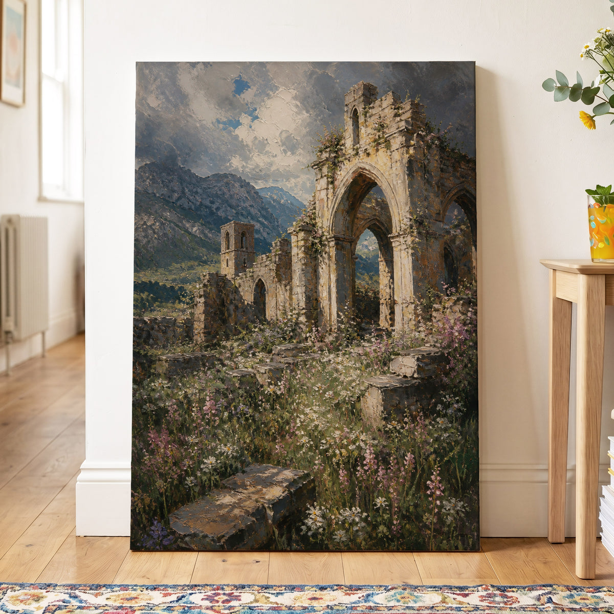 Wildflower Abbey, green, beige, gray nature wall art on canvas displayed in a styled interior, gallery view 2