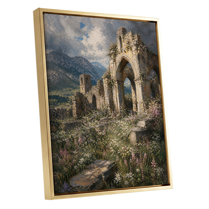 Wildflower Abbey, green, beige, gray nature wall art shown as a gold framed canvas wall art