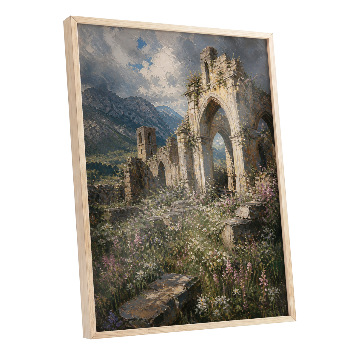 Wildflower Abbey, green, beige, gray nature wall art shown as a oak framed poster wall art print