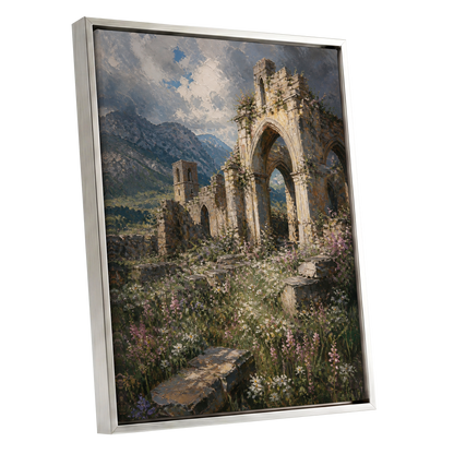 Wildflower Abbey, green, beige, gray nature wall art shown as a silver framed canvas wall art